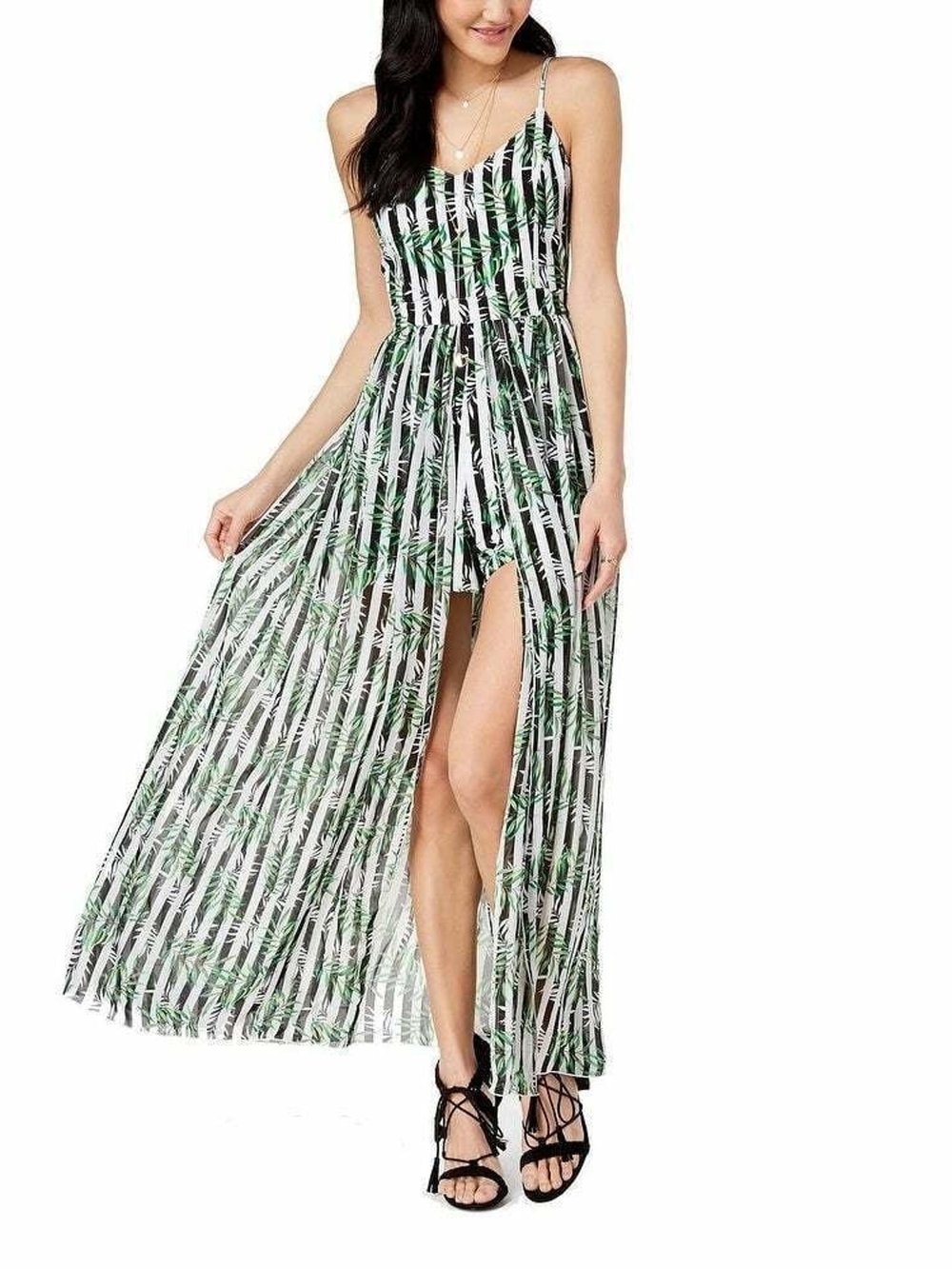 Sleeveless Green & White Tropical Stripe Romper Maxi Dress
